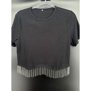 Womens Black Ribbed Rhinestone Fringe Crop Top Short Sleeve Crew Neck XL